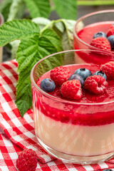 Delicious italian dessert panna cotta with berry sauce on a dark background in small jars. place for text