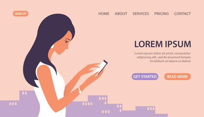 Modern beautiful girl with a smartphone. The concept of caring for the environment. Business and lifestyle. Design for banner, website. Vector flat illustration