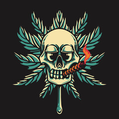 Skull Smoke Marijuana Vector Retro Illustration