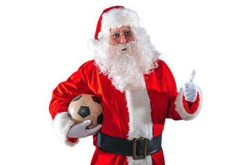 Positive  santa claus with football ball in hand