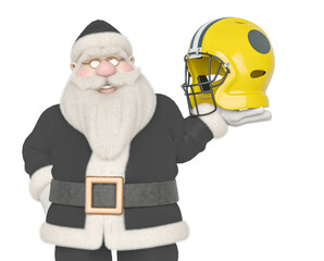 santa claus is smiling and holding a american football helmet