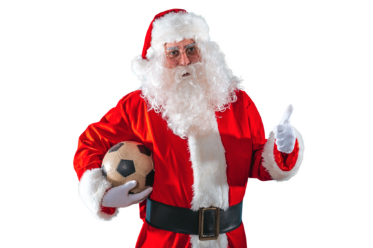 Positive  santa claus with football ball in hand