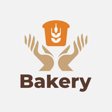 Vector illustration of bakery icon. Bread logo. Silhouette of a loaf on hands for a bakery. Design of bakery products with spikelets of wheat, rye. Bun icon.