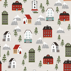 Vector seamless pattern with winter trees, colorful european buildings and mountains. Cartoon Illustration for Background, wallpaper, wrapping paper