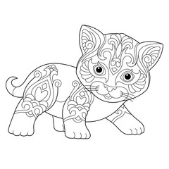Cute happy kitten. Adult coloring book page in mandala style.