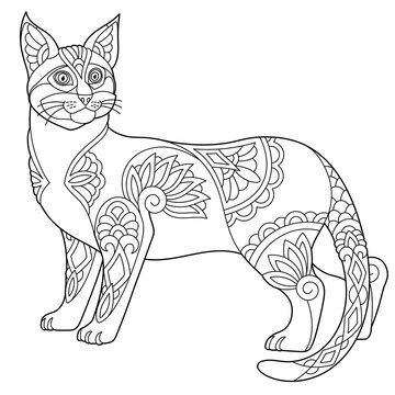 Cute Egyptian Mau cat. Adult coloring book page in mandala style.