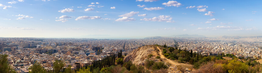Panoramic View of Cityscape from top of Philopappos Hill, Athens, Greece. Cloudy Sky Art Render.