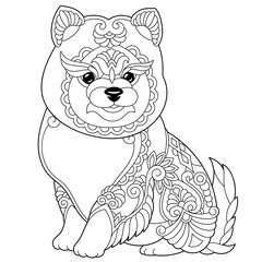 Cute pomeranian spitz dog. Adult coloring book page in mandala style.