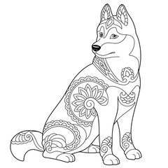 Cute husky dog. Adult coloring book page in mandala style.