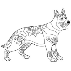 Cute german shepherd dog Adult coloring book page in mandala style.
