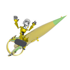 robot santa claus is seated on the rocket in bottom view