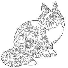 Cute maine coon cat. Adult coloring book page in mandala style.