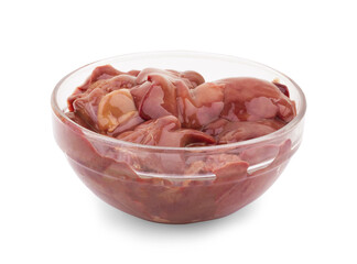 Raw liver on wooden board with spices and condiments isolated on white