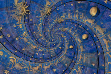 Astrological background with zodiac signs and symbol.