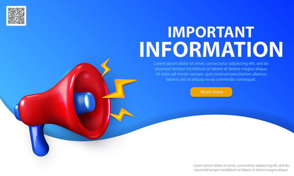 Promotion blue web banner with realistic red loudspeaker shouting an important information. Editable template of landing page with 3d megaphone and text for advertising