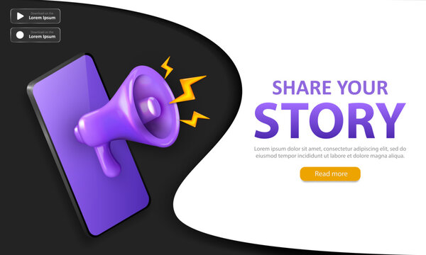 Dark vector promotion banner with purple shouting megaphone inside smartphone and text - share your story. Editable template of landing page with loudspeaker and client communication text