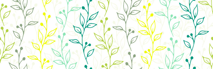 Berry bush branches hand drawn vector seamless background. Boho floral fabric print. Wild plants leaves and blossom wallpaper. Berry bush sprigs growing endless design