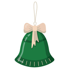 Green Christmas tree toy in the shape of a bell with a beige bow. Vector Christmas illustration.