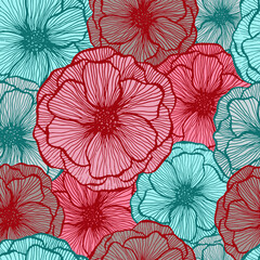 Poppy flower doodle  floral vector seamless pattern summer  fabric print design. Line texture petals