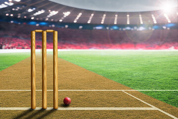 Cricket Leather Ball and Wickets in Stadium With Copy Space