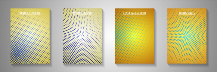 Random circle screen tone gradation front page templates vector series. Geometric booklet faded