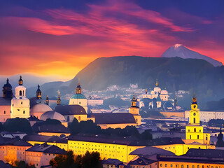 Obraz premium Salzburg von oben im Abendrot, digitale Kunst, Illustration