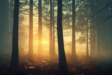 Obraz premium Misty Foggy morning in the forest