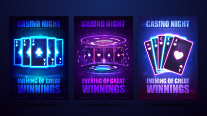 Casino night, set of invitation posters with neon playing cards with poker chips. - obrazy, fototapety, plakaty