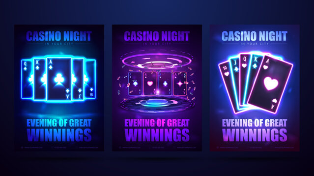 Casino night, set of invitation posters with neon playing cards with poker chips.