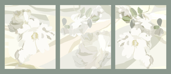 Set of contemporary art prints with abstract flowers.