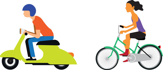 City transport. People driving cars scooter bike hoverboard segway urban activity people lifestyle vector set. Urban active, drive and scooter, ride transportation  © Paolo