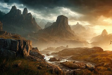 fantasy rock mountain in Norse Mythology, sunrise