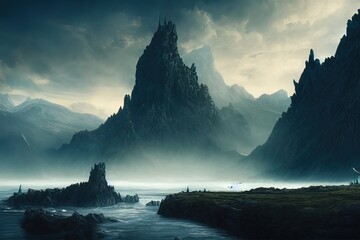Fototapeta na wymiar fantasy rock mountain lake and river in concept Norse Mythology