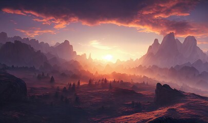 fantasy rock mountain in Norse Mythology, sunset
