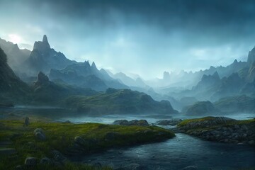 fantasy rock mountain lake and river in concept Norse Mythology