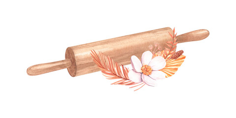 Watercolor pin roller, kitchen utensils clipart for bakery decoration. Isolated elements on white background.Background for your design: restaurant menu element, recipe cooking book.