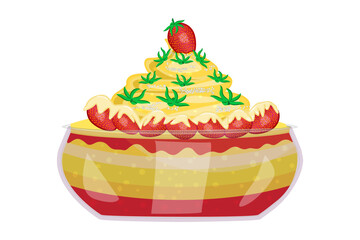 Panna cotta isolated on white background.Sweet dessert with strawberries, mint and cream in glass bowl.Cream pudding, cake, pastry or fruit parfait with fresh berries and jam layer.Vector illustration