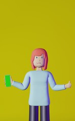 Blogger girl holds Smartphone thumb up yellow background 3d rendering. Mobile phone screen app chroma key mockup Social media creative design Gadget display. Online shopping Sale Internet Technologies
