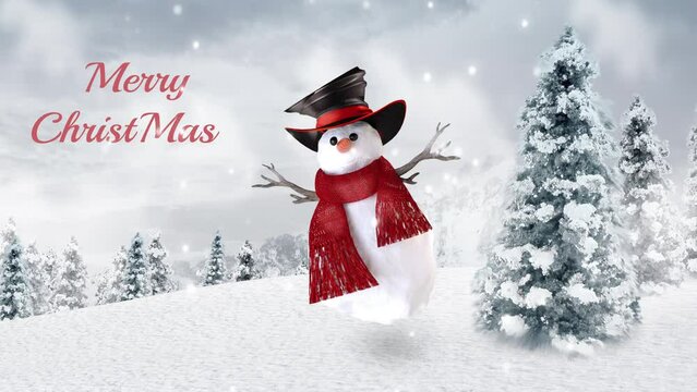 Smiling snowman, sky background with trees with snowflakes