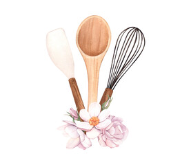Watercolor kitchen tools clipart with flowers. Isolated elements on white background. Background for your design: restaurant menu element, recipe cooking book.