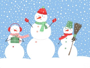 Funny snowmen on a blue background. A doodle-style illustration made with curved lines. Design for greeting cards and other purposes.