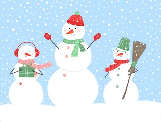 Funny snowmen on a blue background. A doodle-style illustration made with curved lines. Design for greeting cards and other purposes.