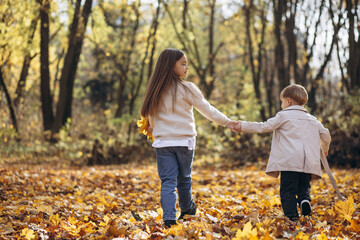 Brother with sister together in autumn park