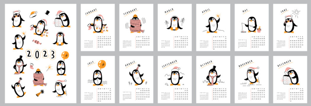 Vertical wall calendar design template for 2023. Set for 12 months. Vector images with cute animals, penguins.