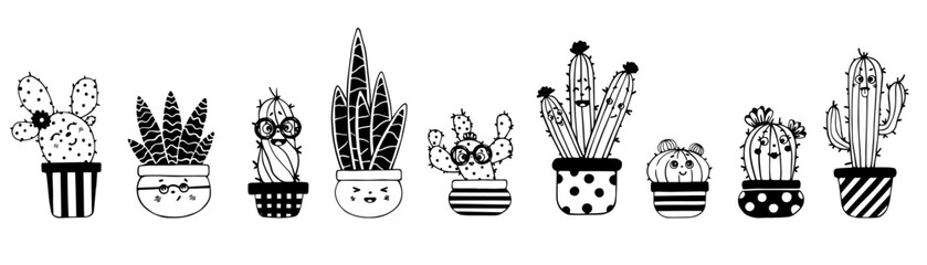 Doodle sketch set of cute kawaii cactus and succulent characters. Vector graphics.