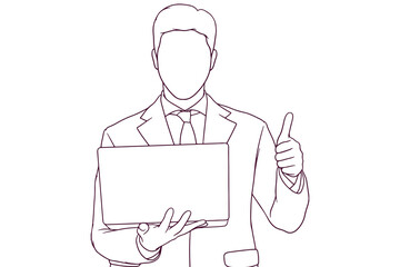 businessman with laptop showing ok gesture hand drawn style vector illustration