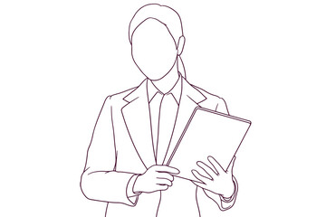 businesswoman with tablet hand drawn style vector illustration