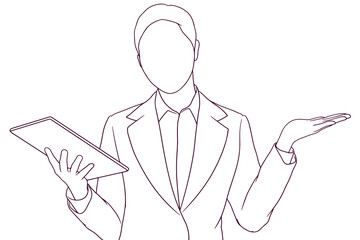 businesswoman showing presentation gesture hand drawn style vector illustration