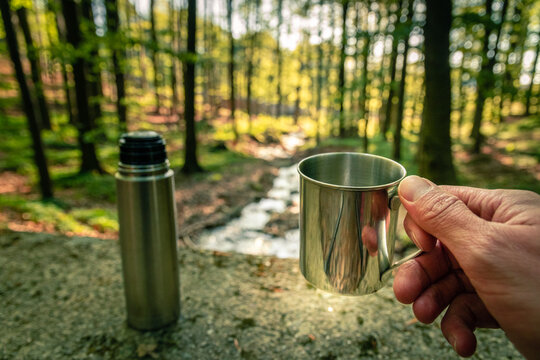 Thermo Flasche im Wald mit Tasse