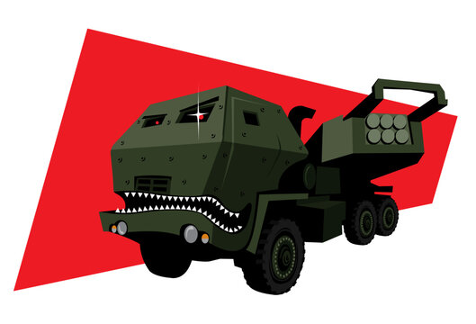 HIMARS M142. The real predator. Modern rocket launcher as a bloodthirsty monster. Vector image for prints, poster and illustrations.